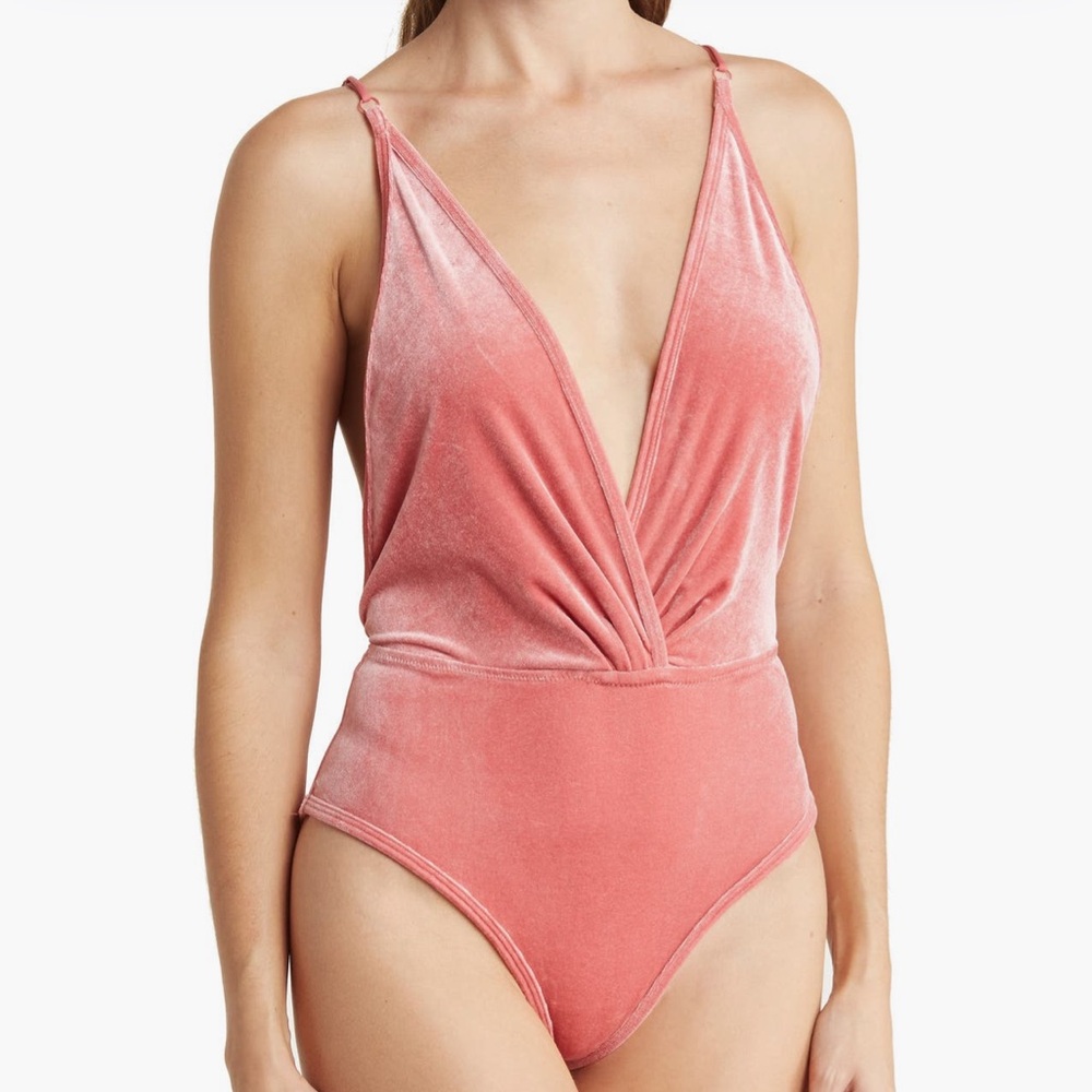 Pink Velvet Plunge Bodysuit SZ-Small NWT